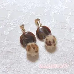 秋冬 カジュアル ファーマーブルイヤリング／レオパード(NO.483)