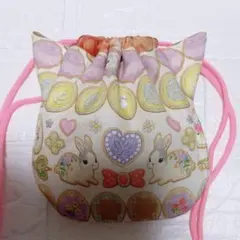 ネコ耳巾着　ハンドメイド　ユキエモン　アイシングクッキー　ピンク