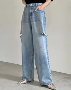 リエディ サイドスリットワイドストレートコットンデニムパンツ MT