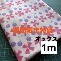 【特価】さくらんぼ柄 オックス生地 1m ピンク×パープル