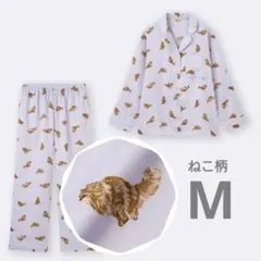 【完売品】GU サテンパジャマ 猫 長袖 ロングパンツ キャット パープル Мのサムネイル