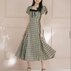 アンミール バストギャザーリボンOPワンピース ベージュチェック