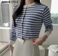 DHOLIC 配色ラウンドニットカーディガン　ボーダー　韓国ファッションのサムネイル