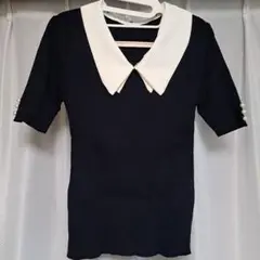 ブラック　リブTシャツ　襟　パール