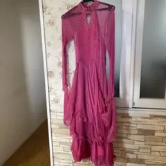 社交ダンス　ピンクの長袖ダンス　ラメ入りドレス