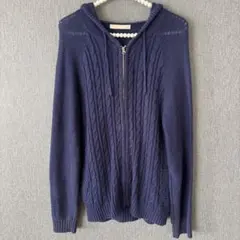 ネイビー ケーブル編み ニットパーカー フード付き 春 羽織り ポケット付き L