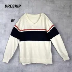 ドレスキップ DRESKIP Vネック ボーダーニット M 長袖 白 紺 赤