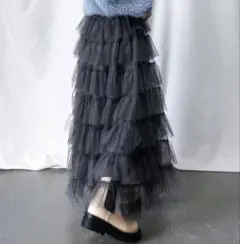 チュールティアードロングスカート グレーのサムネイル