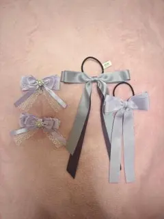 パープル　紫　リボン　ヘアクリップ　ヘアゴム　4個　推し活　量産型　地雷系