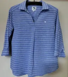 アーノルドパーマー　青と白ストライプ Vネック五分袖シャツ サイズ2