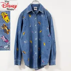 2XL相当　90s～　ディズニー　くまのプーさん　キャラクター刺繍デニムシャツ