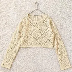 ZARA クロシェ編み ショート丈 ニット 長袖 M アイボリー 透かし編み
