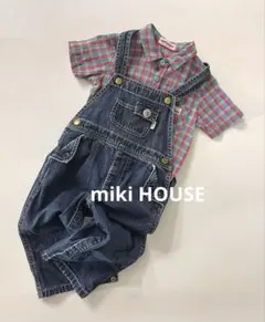 90cm☆MIKI HOUSEデニムオーバーオール ×チェックシャツセット - メルカリ