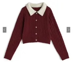 GRL シャギーカラーケーブル編みニットカーディガン　ボルドー　[dr836]