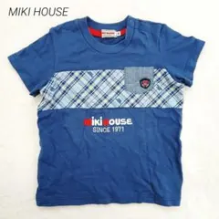 ミキハウス　チェック切替半袖Tシャツ　90cm　青　エンブレム刺繍　胸ポケット