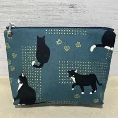 ミニポーチ【ラミネート】クロネコフェイス ターコイズ☆ハンドメイド