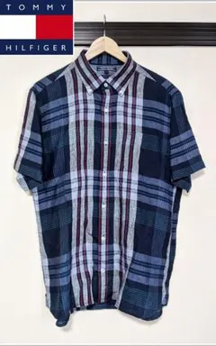 【TOMMY HILFIGER】半袖シャツ/チェック/リネン/刺繍/ロゴ/美品