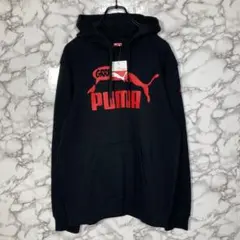 美品　PUMA　プーマ　（L）　ロゴプリント刺繍フードパーカー　黒