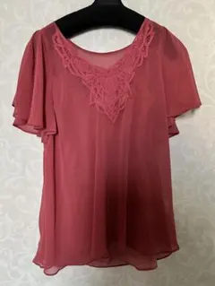 美品　レース襟 シフォン 半袖ブラウス ローズピンクのサムネイル