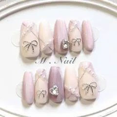 ネイルチップ フレンチガーリー リボン マグネットネイル 量産型 韓国