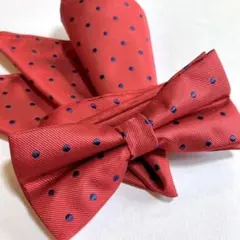 蝶ネクタイ　ポケットチーフ2点セット/レッド&ネイビードット W