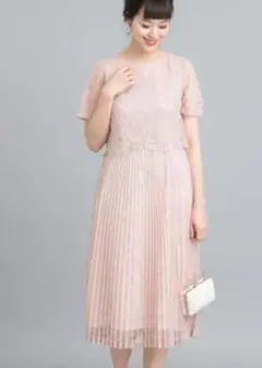 レース×プリーツ Aライン ピンクドレス 半袖 結婚式 パーティードレスのサムネイル