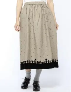 新品＊サマンサモスモス　麻混　ドット　フロッキー　風景柄　ロングスカート　F