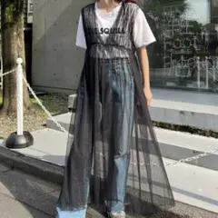 ブラック キャミワンピース ロング丈　シャーリングチュール2WAYワンピース