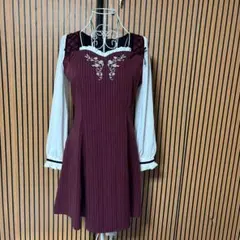 バーガンディ刺繍ストライプワンピース