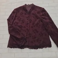 ブラウン 花柄刺繍 ノーカラージャケット　シニア