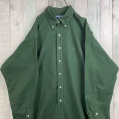古着　ポロ　ラルフローレン　コーデュロイ　長袖　シャツ　刺繍　2XL　グリーン