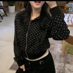 ドット 柄 ショート丈 フルジップ パーカー