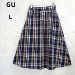 GU ジーユー　チェック柄 フレアスカート ひざ丈　ネイビー系　L