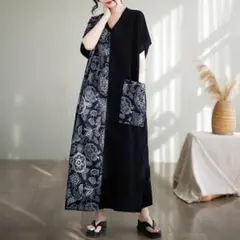 体型カバーワンピース　ペイズリー柄　紺色　和モダンアジアンゆったり　カジュアルB