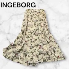 INGEBORG フレアスカート プリーツ　花柄　ラップスカート　ロング　バラ柄