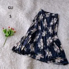 GU フレアロングスカート 花柄 黒 ベロア調 S コーデュロイ マキシ丈 秋冬