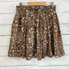 【Rose Bush】花柄 フレア ミニスカート 茶 総ゴム レディース F✨