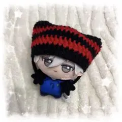 編み物 ちびぐるみ ぬい服 猫耳ニット帽 ブラック×レッド