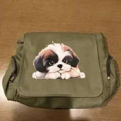 犬イラスト付きオリーブグリーンショルダーバッグ