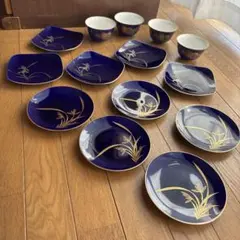 香蘭社 瑠璃金彩 茶器 湯呑み 小皿 丸皿 角皿 銘々皿 有田焼 宮内庁御用達