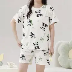 パンダ　オフホワイト　XL 　ルームウェア　春夏　半袖　上下セット　部屋着