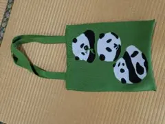 パンダ柄 ニットバッグ グリーン　A4サイズ
