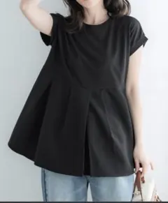 coca 異素材切り替えフレンチスリーブフレアチュニック　Tシャツ　ブラック　L