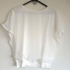 シフォンホワイト ドルマンスリーブ 半袖ブラウス Lサイズ 丸首 ふんわり