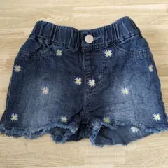 デニムブルー 花柄刺繍 ショートパンツ 80cm保育園お着替え保育園準備