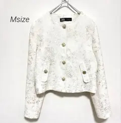 【極美品】ZARA ザラ ツイード ノーカラージャケット 金ボタン 白×金 M