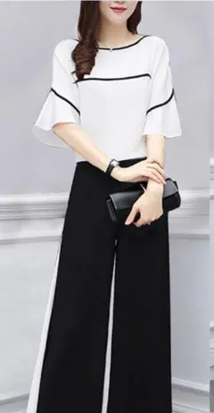 ❤️韓国発 配色シフォントップス+ブラックハイウエストパンツ　セット