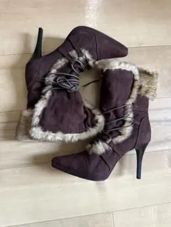 ダークブラウン スエード ファー付きブーツ