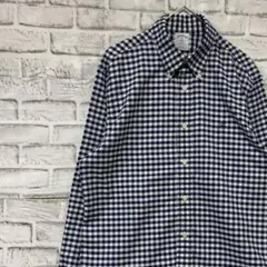 ブルックスブラザーズ長袖シャツ！チェックロゴ刺繍ショート丈ネイビーM0318