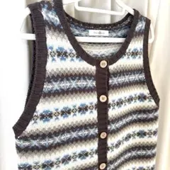 ニットベスト ジレ ブラウン系 総柄 フェアアイル柄 ノルディック柄 ボーダー柄